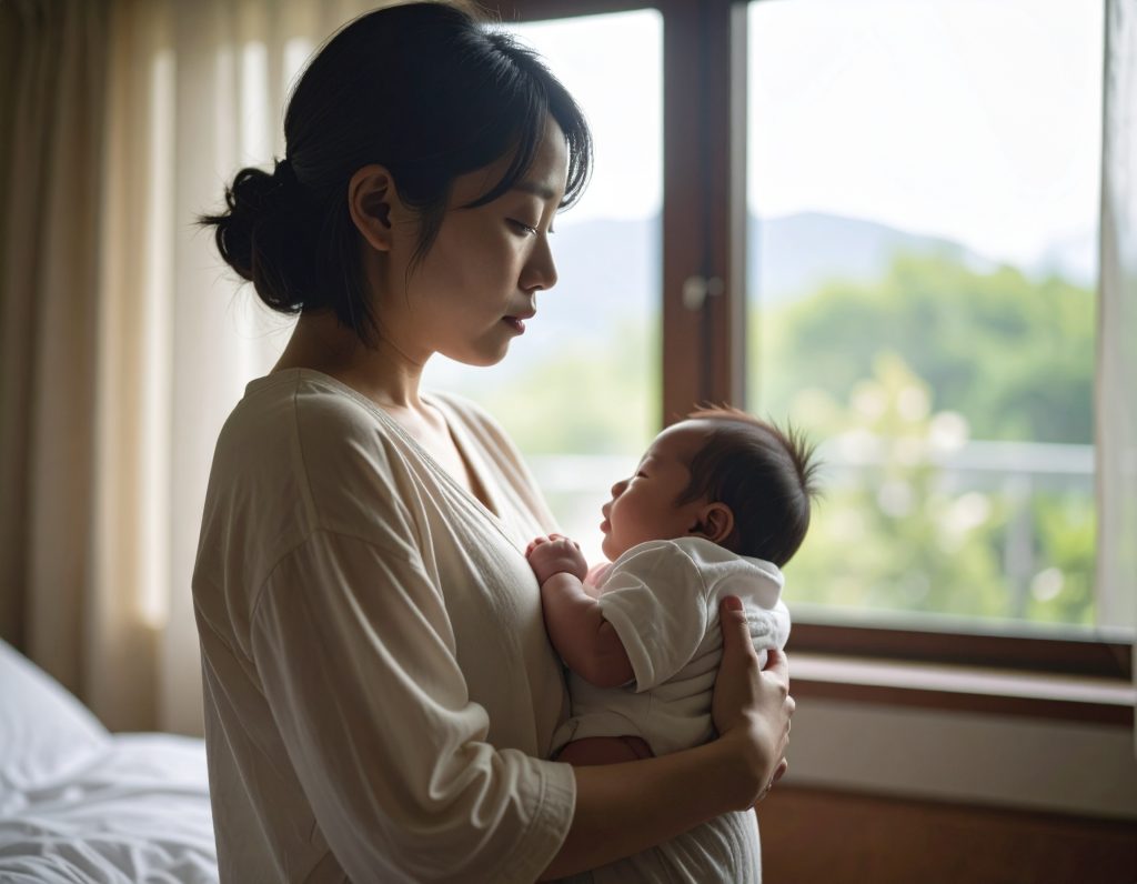 出産を終えたママが赤ちゃんを抱きかかえている様子