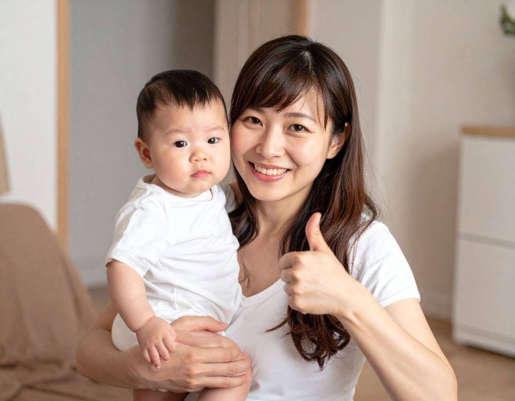 赤ちゃんを抱えて親指を立てる女性の画像