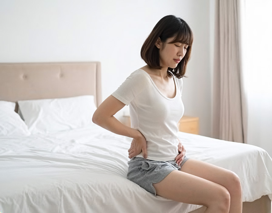 女性が骨盤を抑えて痛そうにしている画像