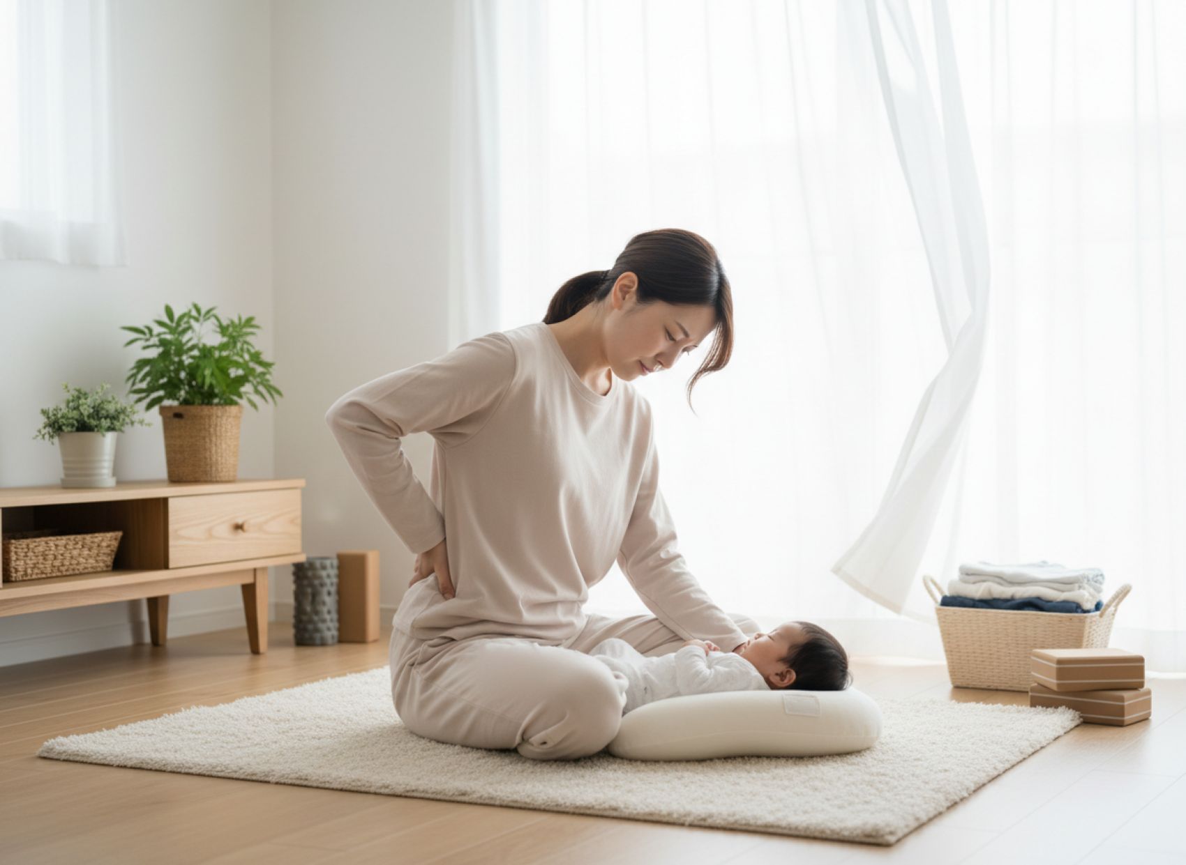 育児をしている女性が腰痛に悩んでいる画像